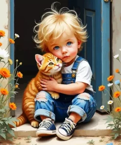 Boy Hugging Cat Diamond Painting