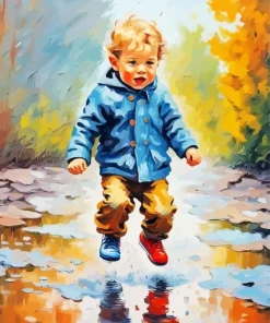Boy Jumping In Puddle Diamond Painting