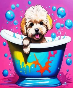 Cute Maltipoo Dog Bathing Diamond Painting