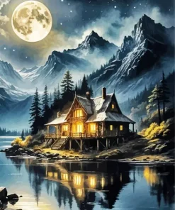 Full Moon Log Cabin Diamond Painting