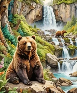 Brown Bear Near Waterfall Diamond Painting
