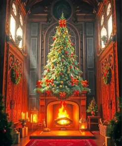 Fireplace And Christmas Tree Diamond Painting