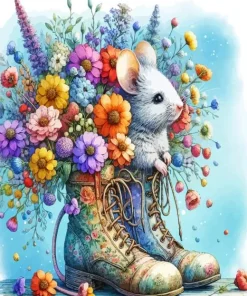 Flowers In Boots And Mouse Diamond Painting